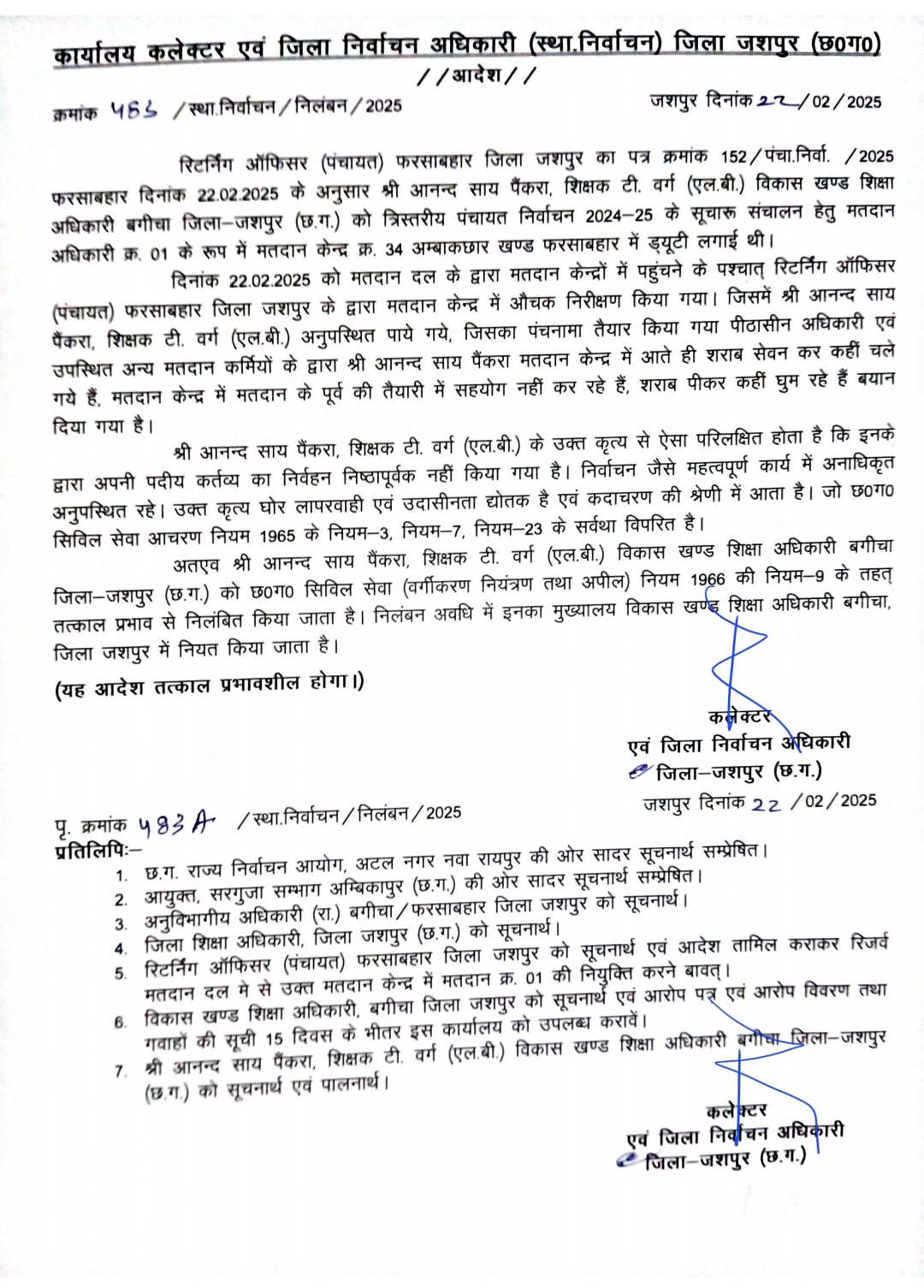लापरवाही पर एक्शन : चुनाव ड्यूटी से गायब शिक्षक आनन्द साय पैंकरा को जिला निर्वाचन अधिकारी ने किया सस्पेंड