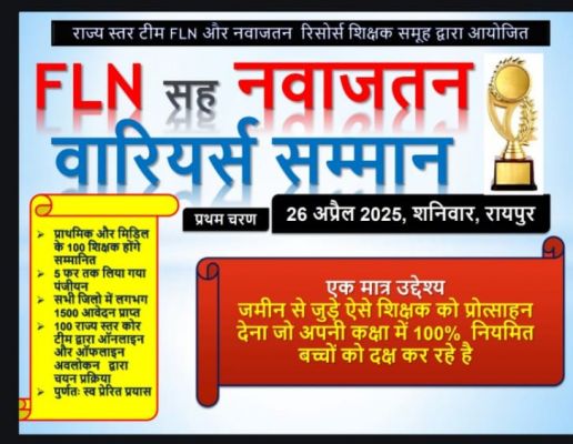 राज्य स्तरीय एफ एल एन नवाजतन वारियर्स सम्मान के लिए चयनित हुए शिक्षक